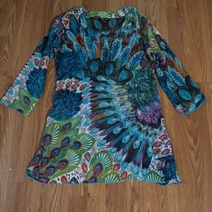 Zury‎ Multicolor Peacock Print Embroidered Women's 3/4 Sleeve Sheer Tunic Resort